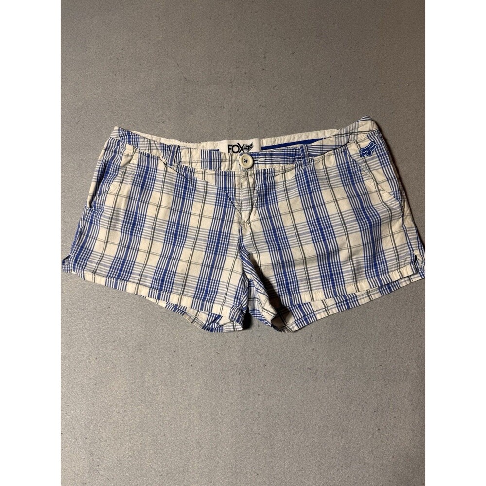 Fox Racing Plaid Shorts Womens 9 White Black Blue Embroidered Logo Low Rise Y2K